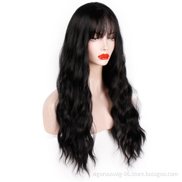Vigorous Long Wavy Wigs with Bangs Middle Part Body Wave Synthetic Wig Heat Resistant Fiber Wigs for African American Women